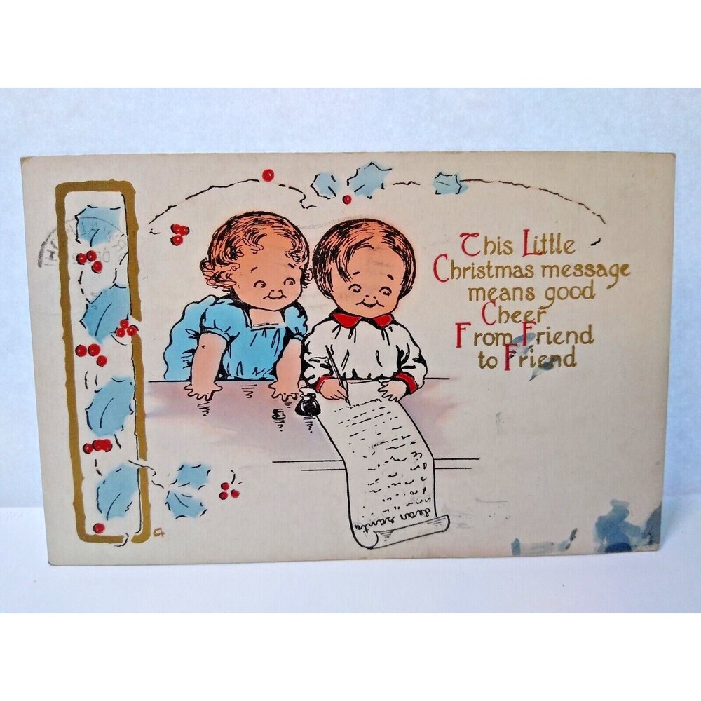 Christmas Postcard Whitney Children Making Santa Claus List Norwalk Ohio 1914